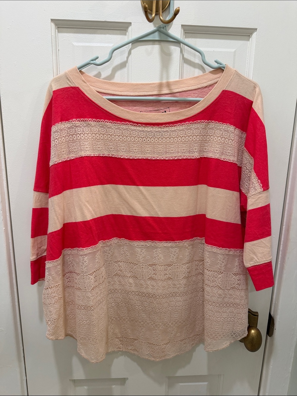 We The Free Coral Pink & Cream Lace-Panel Striped Tunic